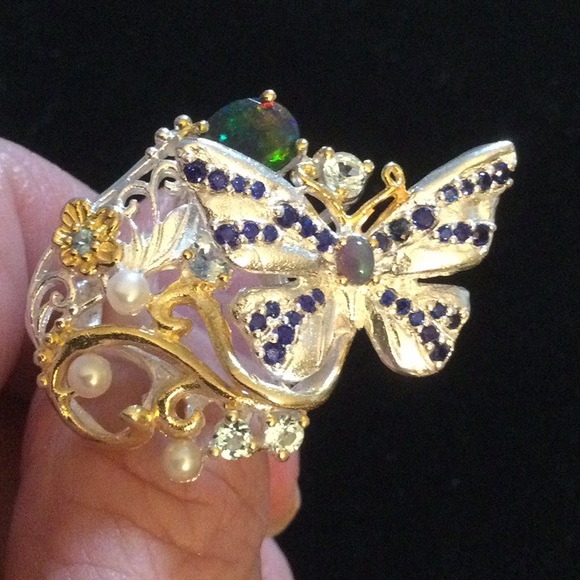 Breathtaking Genuine Sapphire, Black Opals Ring - Picture 3 of 14